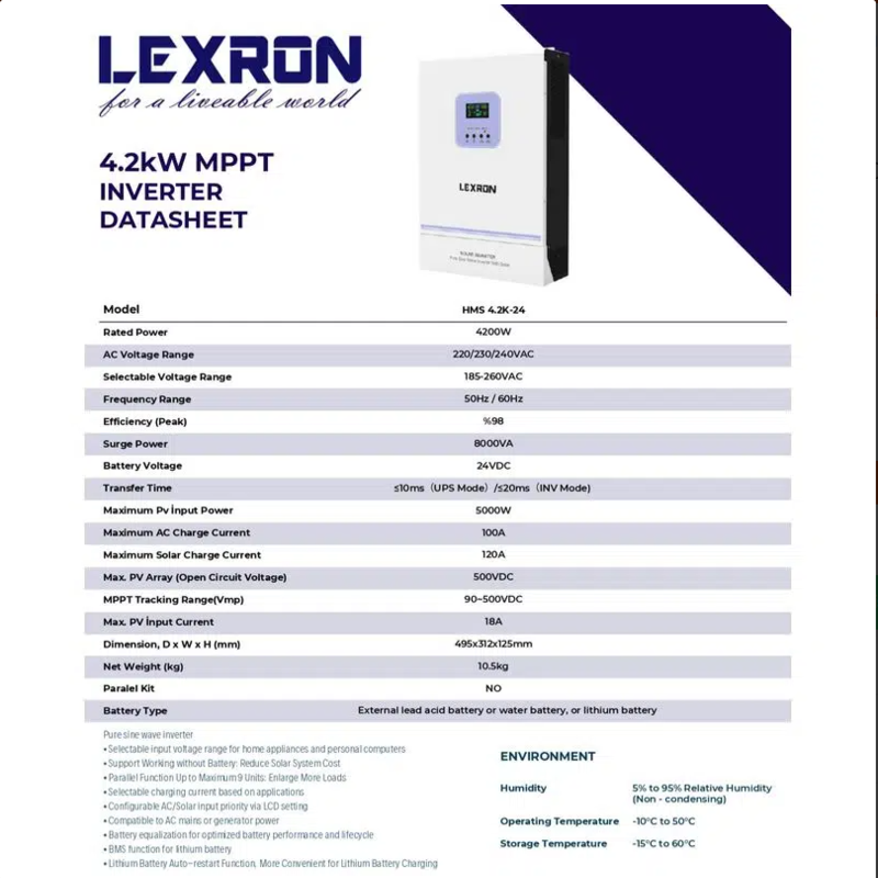 Lexron 24 V 4.2 KW Mppt 90-500V DC Input Yüksek Voltaj Tam Sinüs Akıllı İnverter