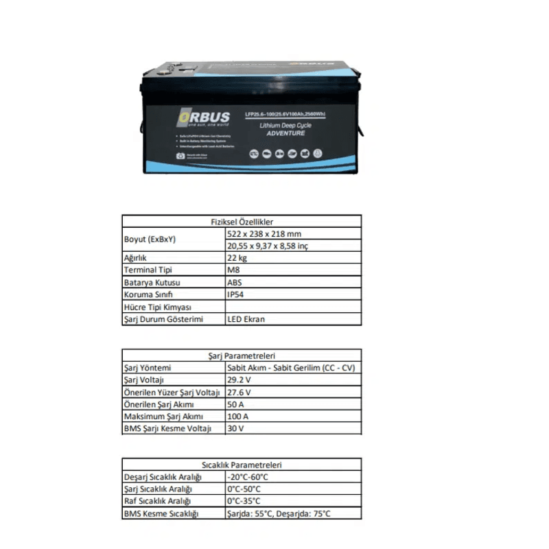 Orbus 25.6V 100Ah Solar&Marin LiFePO4 Lityum Akü