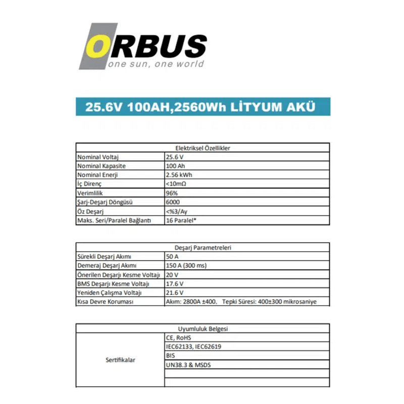 Orbus 25.6V 100Ah Solar&Marin LiFePO4 Lityum Akü