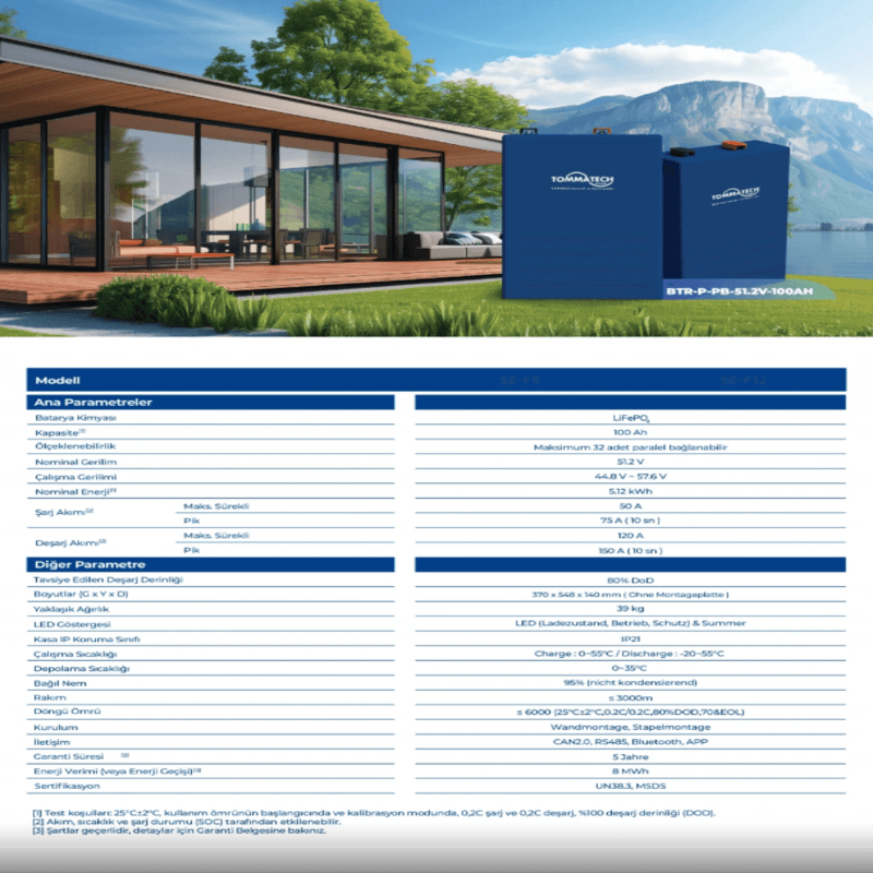  TommaTech 51.2V 100Ah LiFePO4 PB LFP Lityum Batarya